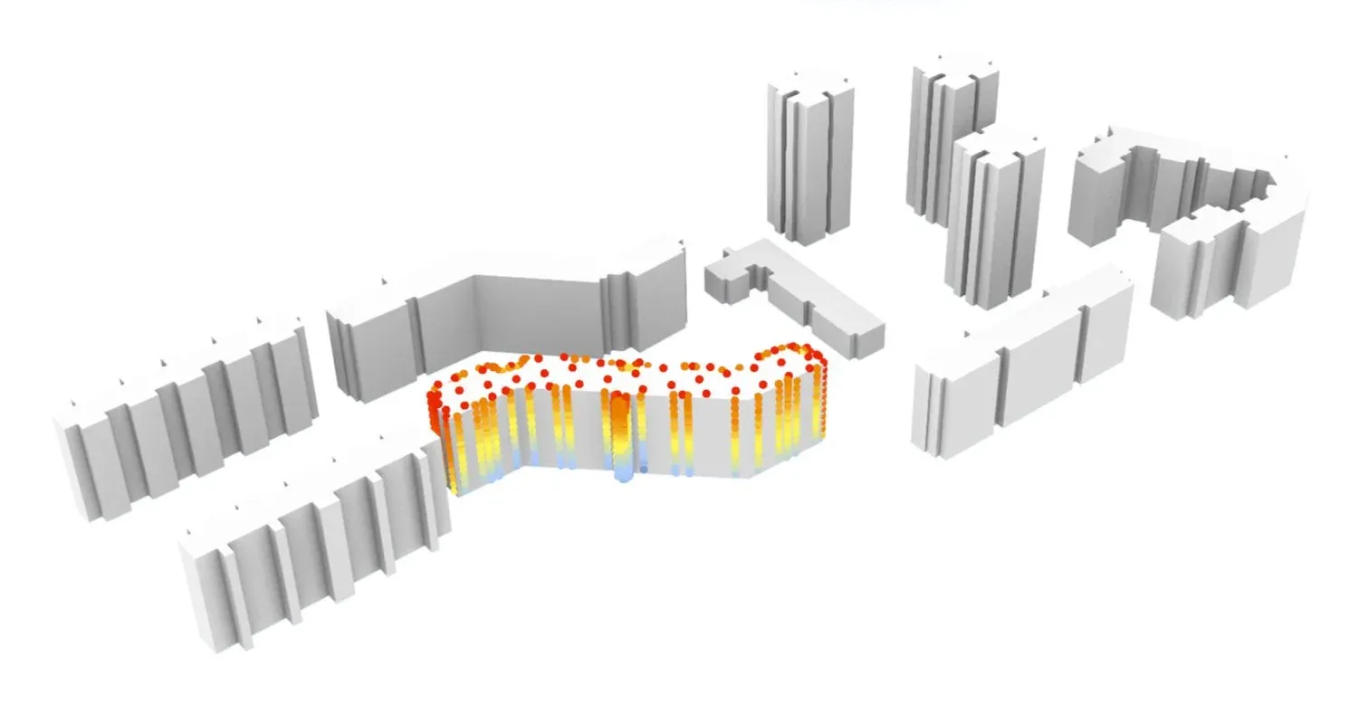  Fig.cea-v-01-01 visualises the CEA-simulated solar insolation results on the building envelope of a residential building in Clementi, Singapore. 