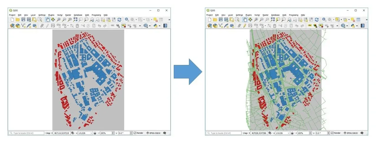  Blue: Zone of analysis in CEA, Red: District or geometry of surrounding buildings in CEA, Grey: Digital Elevation Model of the terrain, Green (RESULT): street network 