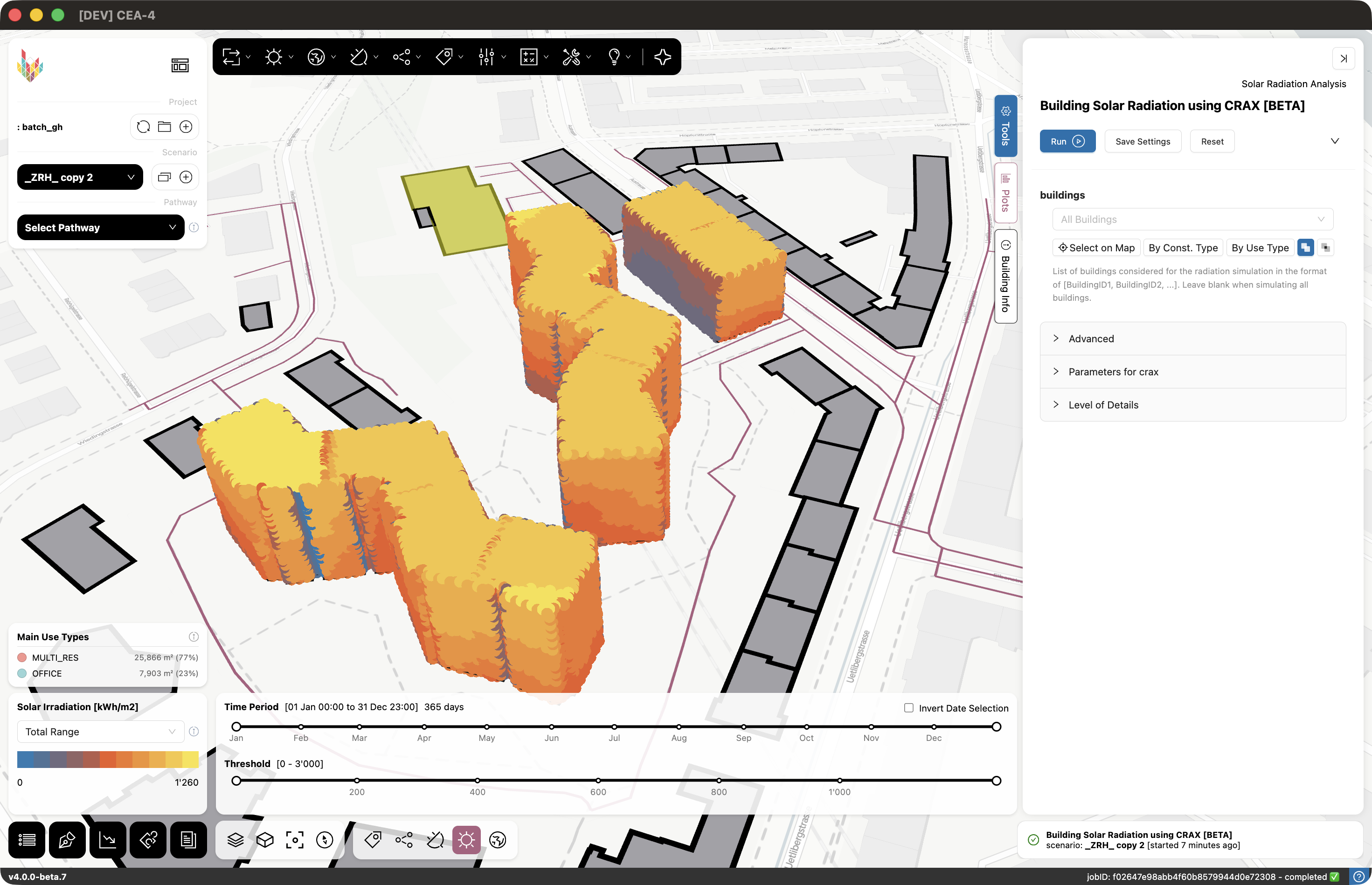 CEA-4 Pro running a building solar radiation analysis on a Zurich district